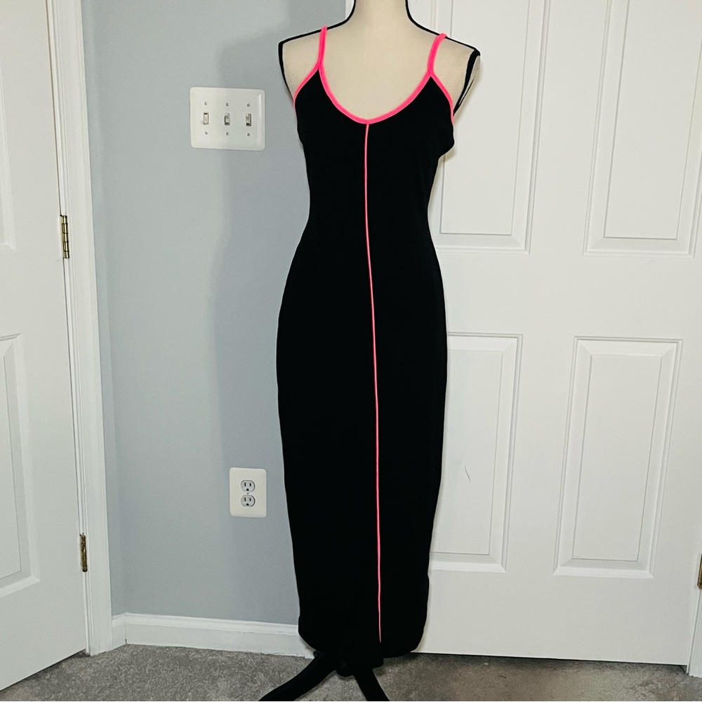 NWT Black midi dress with neon pink accents.